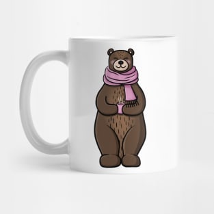 Cute Bear in a Fuzzy Pink Scarf with a Cup of Hot Chocolate Mug